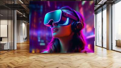 Virtual reality 3d augmented experience exited digital generate person wear vr glasses goggle headset hand gesture touch 3d object in virtual world fun cheerful and remarkable,generative ai Wall mural