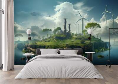 Wind turbines are alternative electricity sources the concept of sustainable resources People in the community with wind generators turbines Renewable energy Wall mural