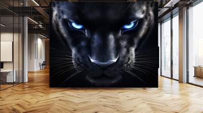 A black panther with piercing blue eyes stares intensely. Wall mural