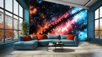 A black silhouette of a geometric shape splits a colorful galaxy of red and blue nebulae. Wall mural