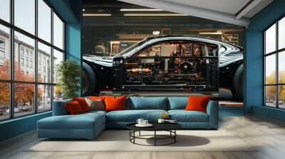 A black sports car in a garage with its engine exposed. Wall mural