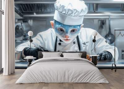 A blue cat-like creature in a chef's uniform prepares food in a kitchen. Wall mural