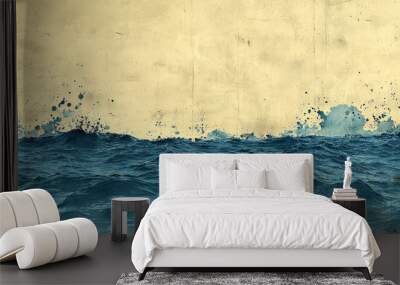 A blue ocean with waves crashing against a light yellow sky. Wall mural