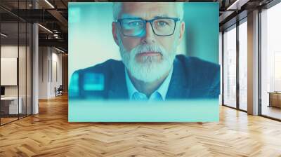 A businessman looks intently at a screen in a modern office. Wall mural