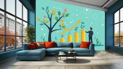 A businessman looks up at a growing arrow and a stack of gold coins, symbolizing financial growth and prosperity. Wall mural