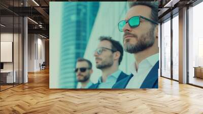 A businessman wearing sunglasses looks ahead, with two others in the background. Wall mural