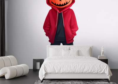 A cartoon man wearing a red hoodie and a scary pumpkin head for Halloween. Wall mural