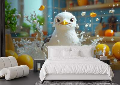 A cartoon seagull creates a splash in a kitchen. Wall mural