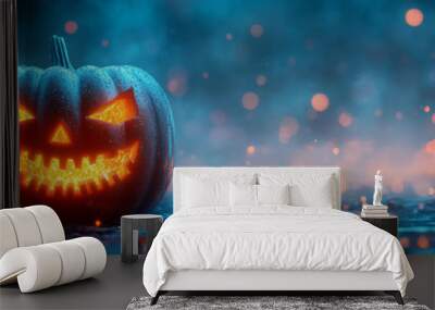 A carved pumpkin glows with an eerie light in the dark. Wall mural