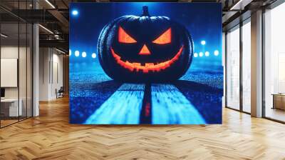 A carved pumpkin with an eerie grin sits on a wet street at night. Wall mural