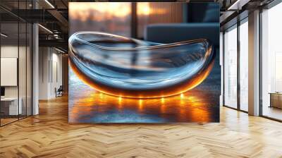 A clear glass bowl with a unique design sits on a dark surface, illuminated from below with warm orange light. Wall mural