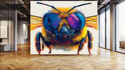 A close-up of a bee with bright yellow and blue colors. The bee is looking directly at the camera. Wall mural