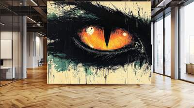 A close-up of a bright orange eye in an abstract painting. Wall mural