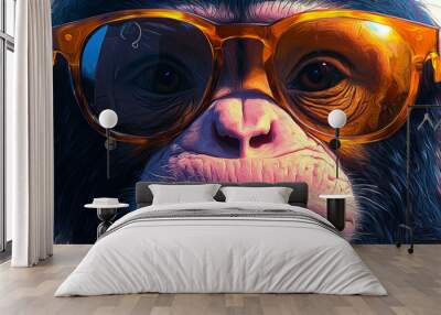 A close-up of a chimpanzee wearing stylish sunglasses. Wall mural