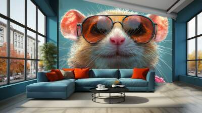 A close-up of a cute rodent wearing sunglasses and a pink jacket. Wall mural