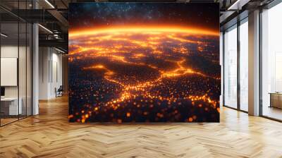 A close-up of a fiery planet with glowing city lights Wall mural