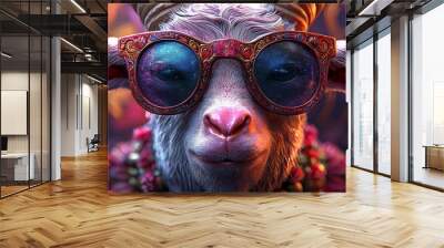 A close-up of a goat wearing a pair of ornate, round sunglasses with a galaxy-like reflection. Wall mural