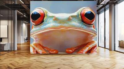 A close-up of a green tree frog with bright orange eyes looking directly at the camera. Wall mural