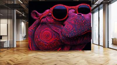 A close-up of a hippopotamus wearing sunglasses and a red and blue patterned skin. Wall mural