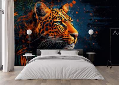 A close-up of a leopard's face, with a blue and orange color scheme. Wall mural