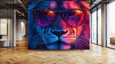 A close-up of a lion wearing sunglasses, rendered in a vibrant neon color palette. Wall mural