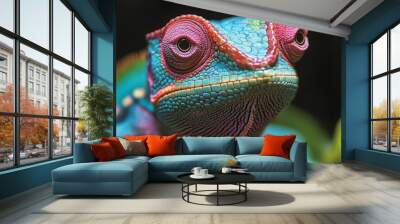 A close-up of a vibrant chameleon with pink and blue scales. Wall mural