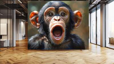 A close-up of a young chimpanzee with its mouth wide open. Wall mural