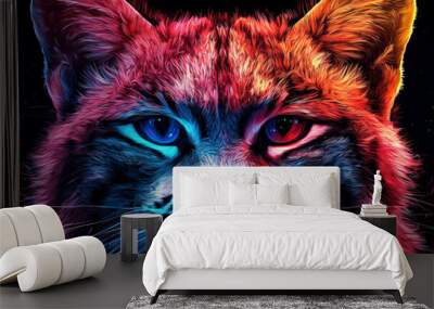 A close-up portrait of a cat's face, with a colorful, abstract design. Wall mural