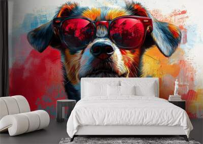 A close-up portrait of a dog wearing red sunglasses, set against a vibrant abstract background. Wall mural