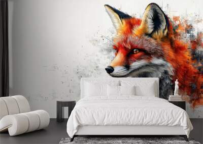 A close-up portrait of a red fox with a white background and abstract brushstrokes. Wall mural