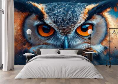 A close-up portrait of an owl with piercing orange eyes. Wall mural