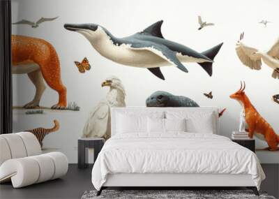 A collection of prehistoric animals, including a saber-toothed cat, a giant sea reptile, and a prehistoric bird. Wall mural