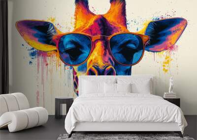 A colorful giraffe wearing sunglasses against a light background. The animal is depicted in a modern style. Wall mural