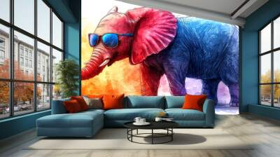 A colorful illustration of an elephant wearing sunglasses against a watercolor background. Wall mural