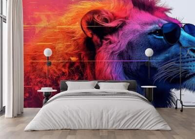 A colorful lion with sunglasses looking to the side. Wall mural