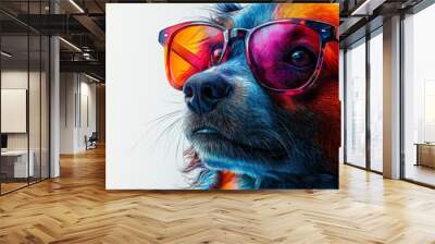 A colorful portrait of a dog wearing sunglasses, looking stylish and cool. Wall mural