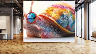 A colorful snail with round sunglasses, looks stylish and cool. Wall mural