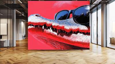 A cool alligator wearing sunglasses against a bright red background. Wall mural