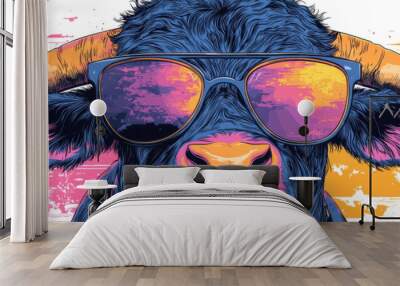 A cool bull wearing sunglasses with a sunset reflected in the lenses. Wall mural