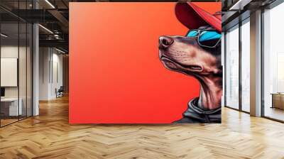 A cool dachshund wearing sunglasses and a red cap. Wall mural