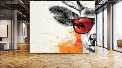 A cool deer with red sunglasses against a white background. Wall mural