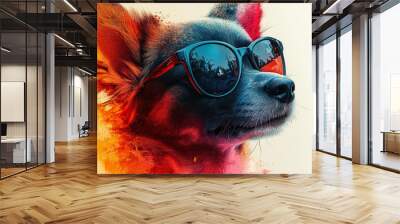 A cool dog with sunglasses on, against a red and orange background. Wall mural