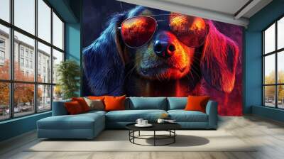 A cool dog with sunglasses stares intently into the camera, bathed in red and blue light. Wall mural