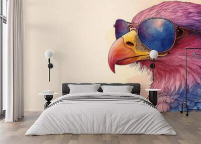 A cool eagle with sunglasses, looking stylish in this watercolor illustration. Wall mural