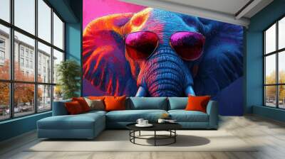 A cool elephant wearing pink sunglasses. Wall mural