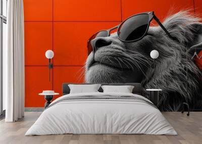 A cool lion wearing sunglasses against an orange background. Wall mural