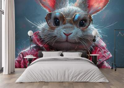 A cool rabbit wearing a red leather jacket, gold chain, and square-shaped glasses. Wall mural