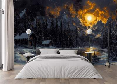 A cozy cabin nestled in a snowy forest, with a glowing moon illuminating the scene. Wall mural