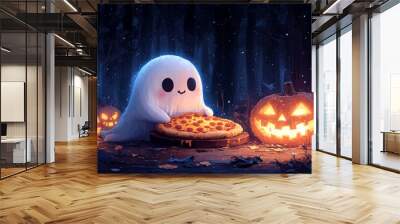 A cute ghost enjoys a pizza in the woods with glowing jack-o'-lanterns. Wall mural