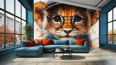 A cute lion cub wearing glasses and a hat, looking directly at the camera. Wall mural